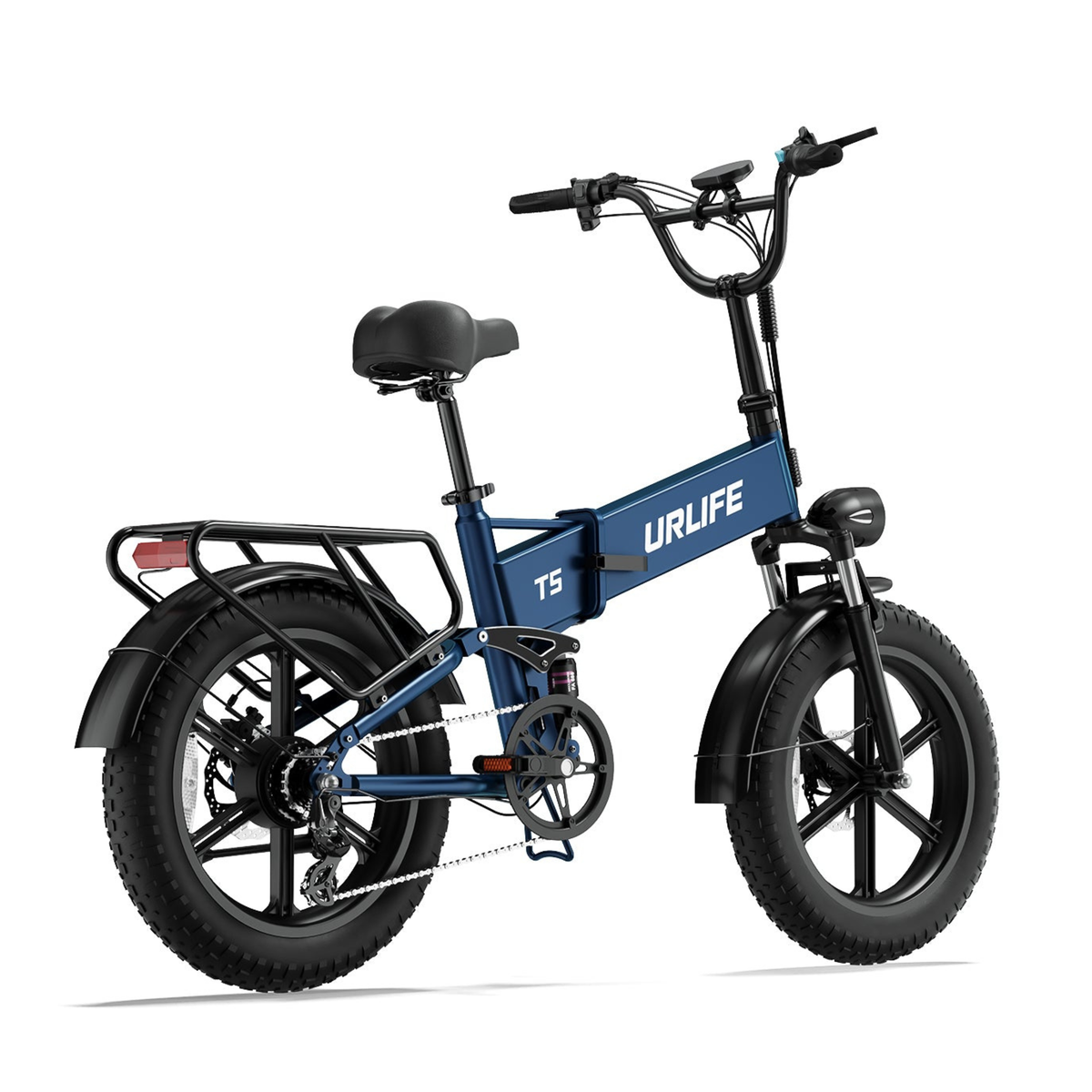 URLIFE T5 en bleu, vu de trois quarts arrière avec selle, porte-bagages, feu arrière, chaîne et pneus larges