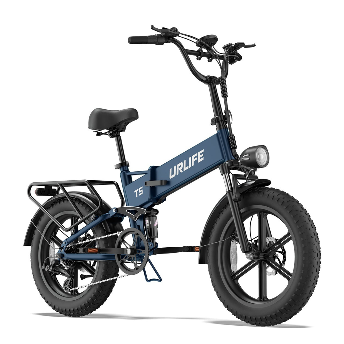 URLIFE T5 vélo électrique bleu de trois quarts avant avec pneus larges, porte-bagages et phare avant