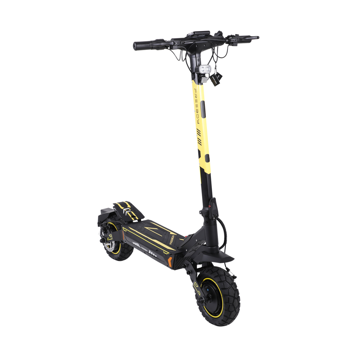 Wheely - H7 trottinette électrique noire et jaune avec colonne de direction dressée, vue de trois quarts avant