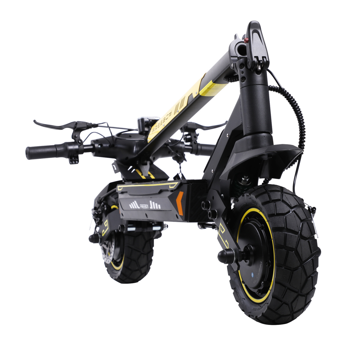 Wheely - H7 trottinette électrique noire et jaune avec colonne de direction repliée et pneus à gros crampons