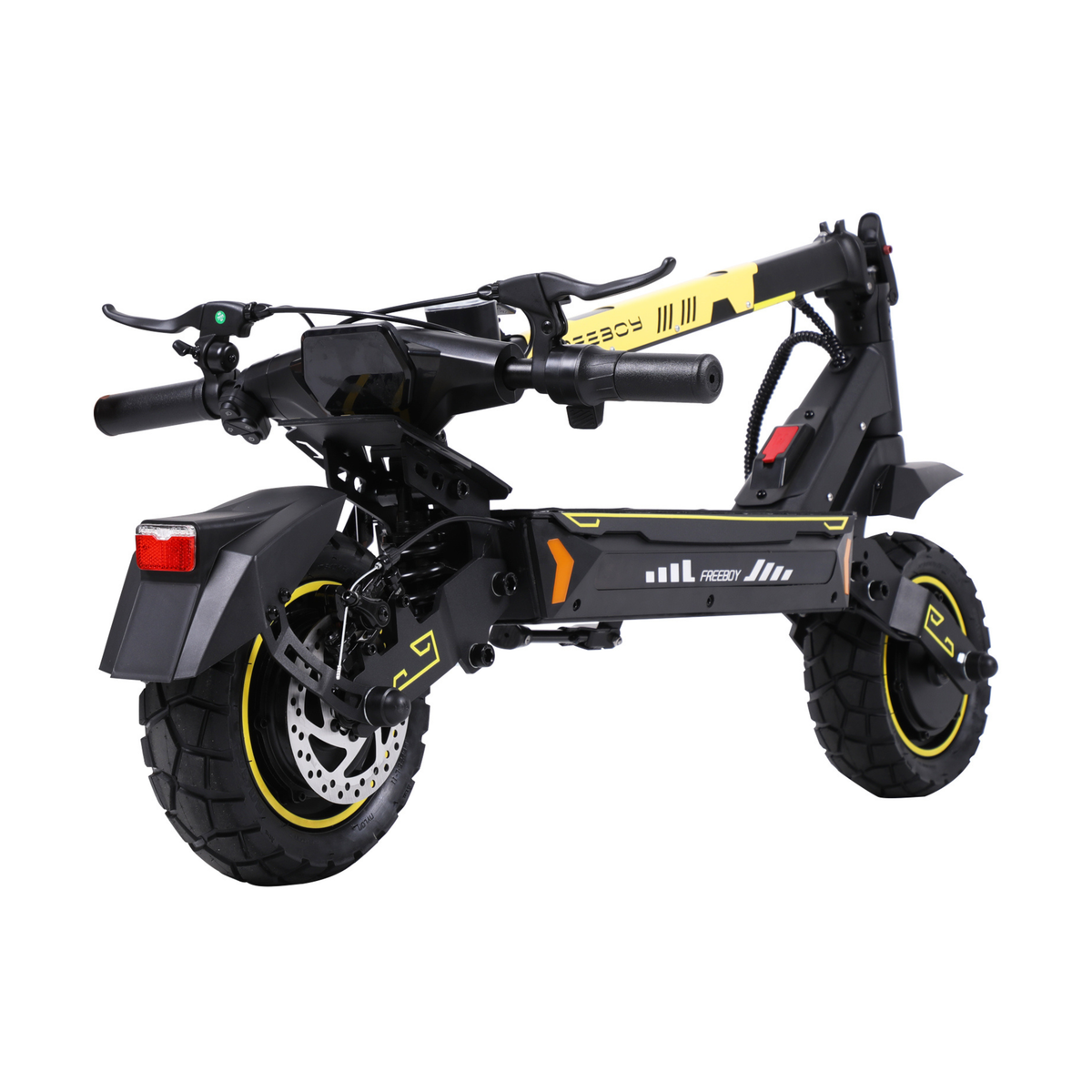 Wheely - H7 avec potence repliée, vue de trois quarts arrière, avec frein à disque, garde-boue arrière et pneus tout-terrain