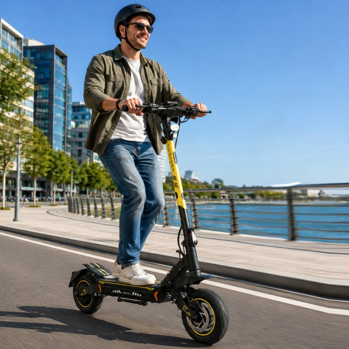 Homme avec casque roulant en trottinette électrique Wheely - H7 le long d'un quai au bord de l'eau
