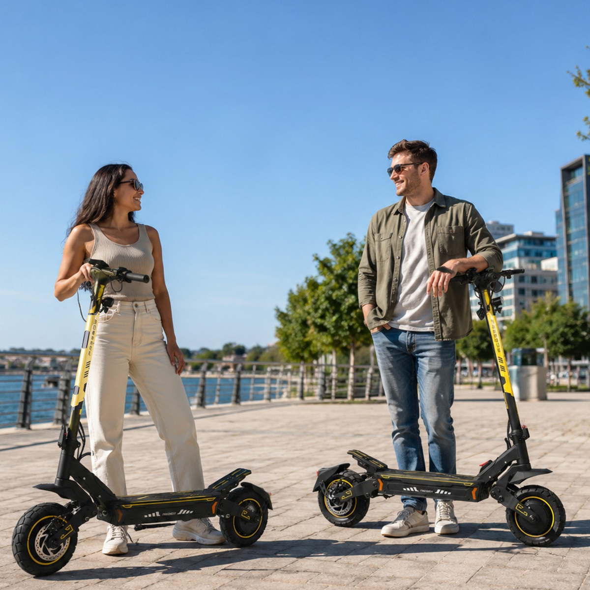 Une femme et un homme debout chacun près d'un Wheely - H7 sur un quai
