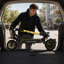 Homme glissant une trottinette électrique noire et jaune pliée dans le coffre d'une voiture, vu de l'intérieur du véhicule
