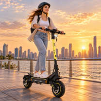 Femme avec casque roulant en Wheely - H7 sur un quai au coucher du soleil, avec la silhouette de la ville en arrière-plan
