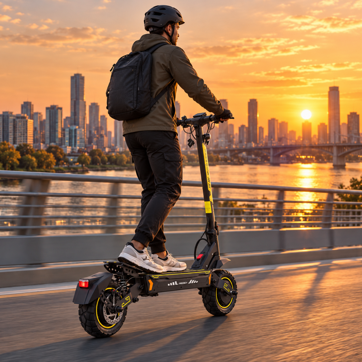 Homme avec sac à dos vu de dos roulant en Wheely - H7 sur un pont au coucher du soleil avec la silhouette de la ville