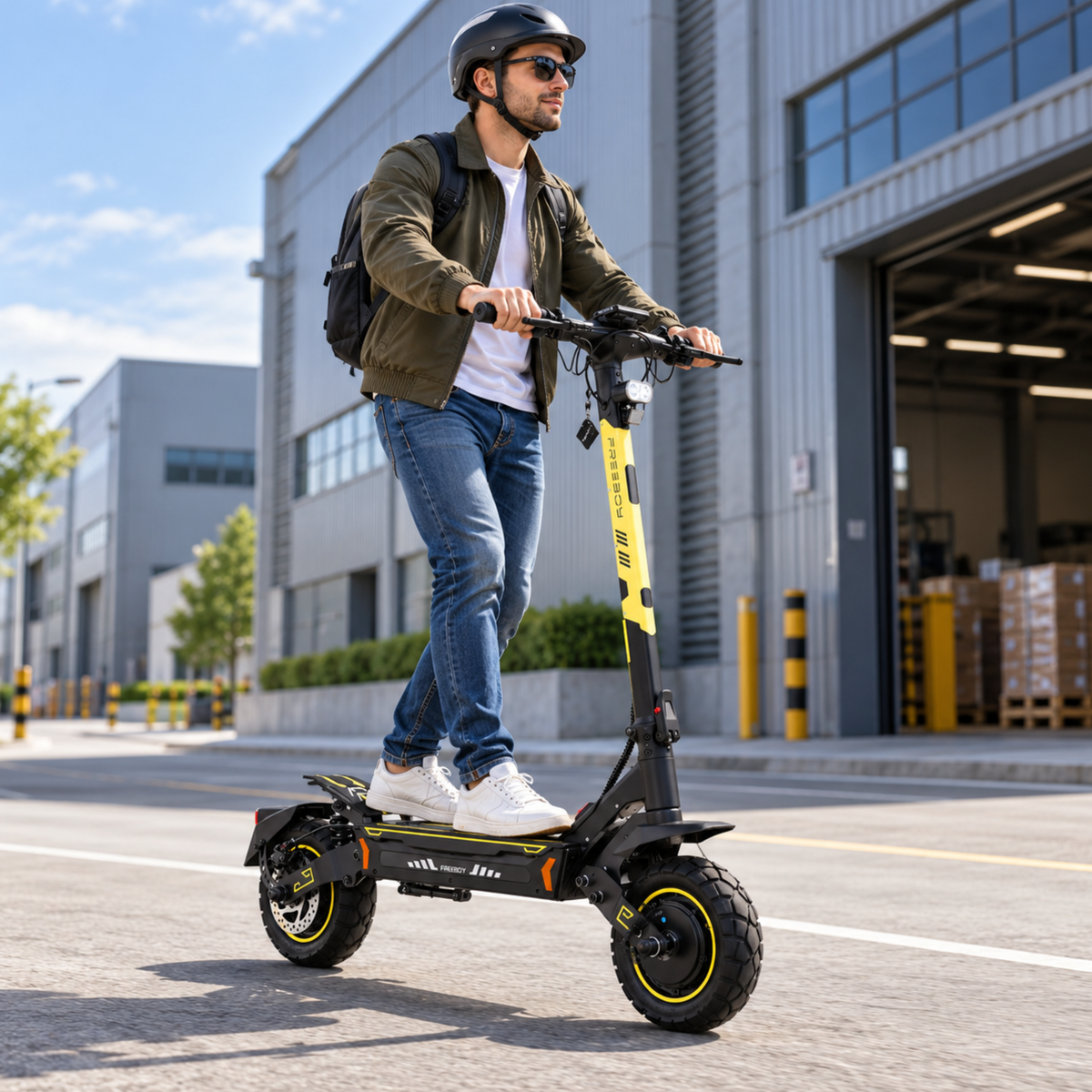 Homme avec casque et lunettes de soleil roulant en Wheely - H7 sur une route devant un bâtiment industriel