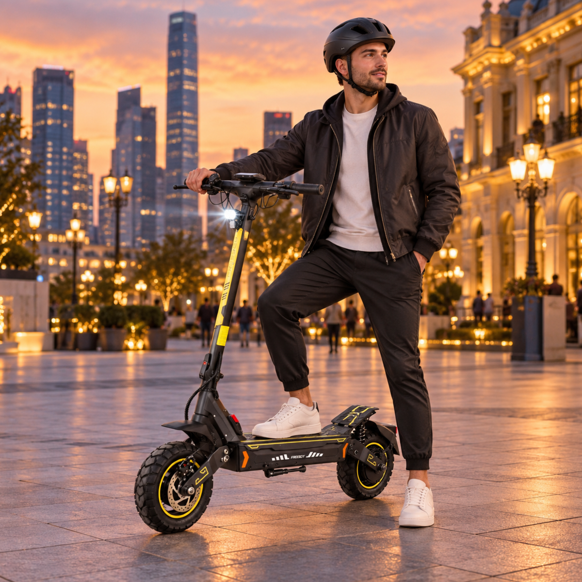 Homme casqué, un pied posé sur une trottinette électrique noire et jaune, sur une place au crépuscule