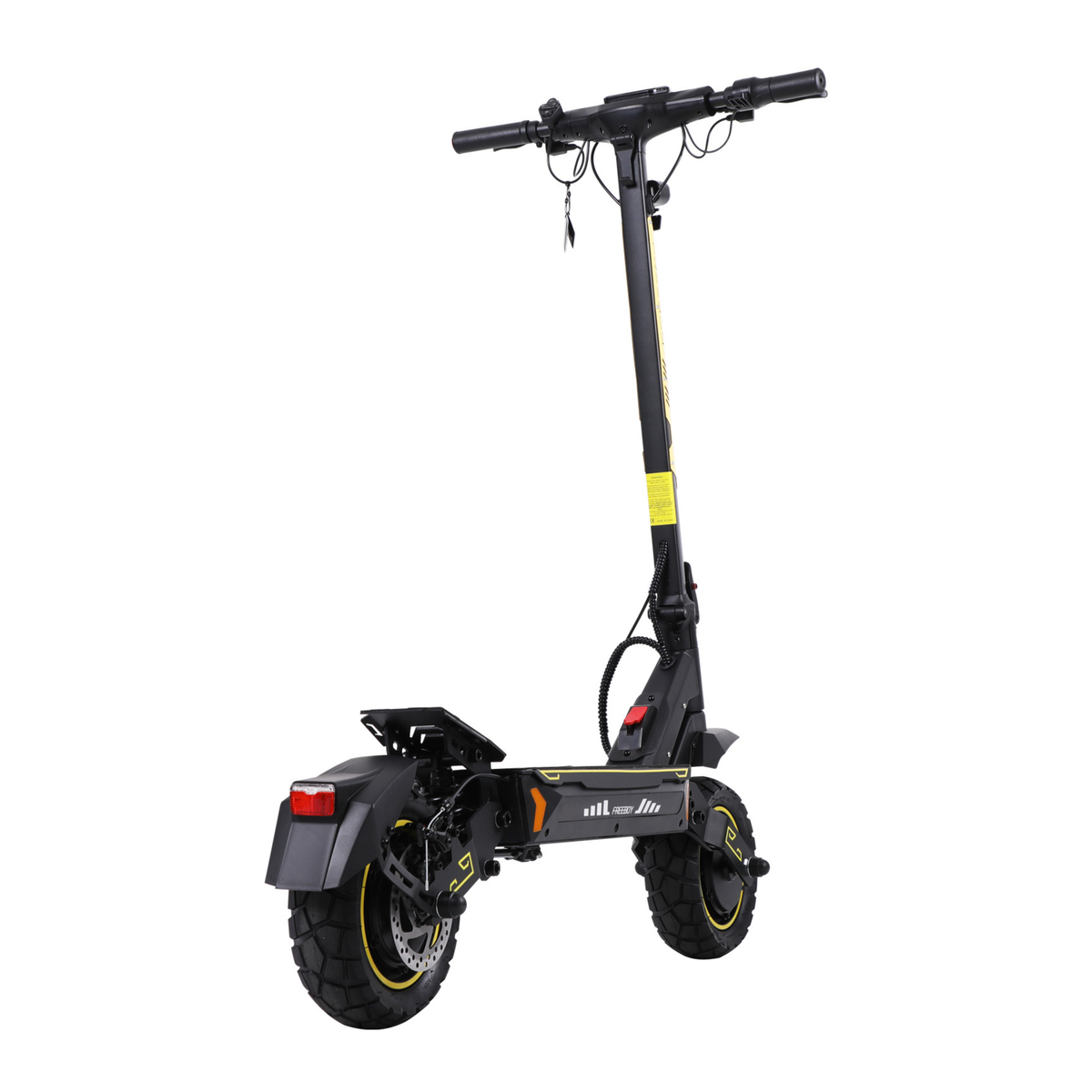Wheely - H7 trottinette électrique vue de trois quarts arrière avec roue arrière, frein à disque, garde-boue et détails jaunes