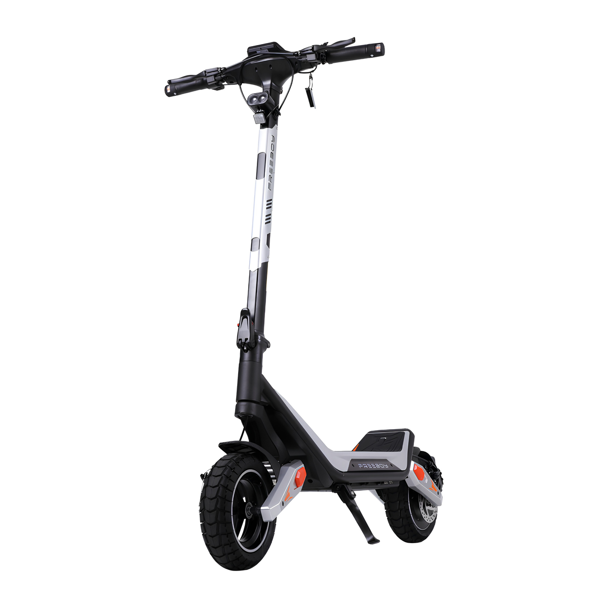 Wheely - J18 trottinette électrique vue de trois quarts avant avec guidon, potence, roue avant et plateforme