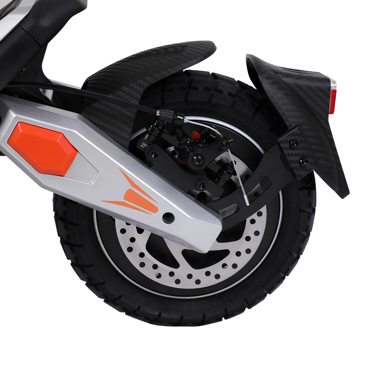 Roue arrière de la Wheely - J18 avec frein à disque, garde-boue et bras oscillant gris à détails orange