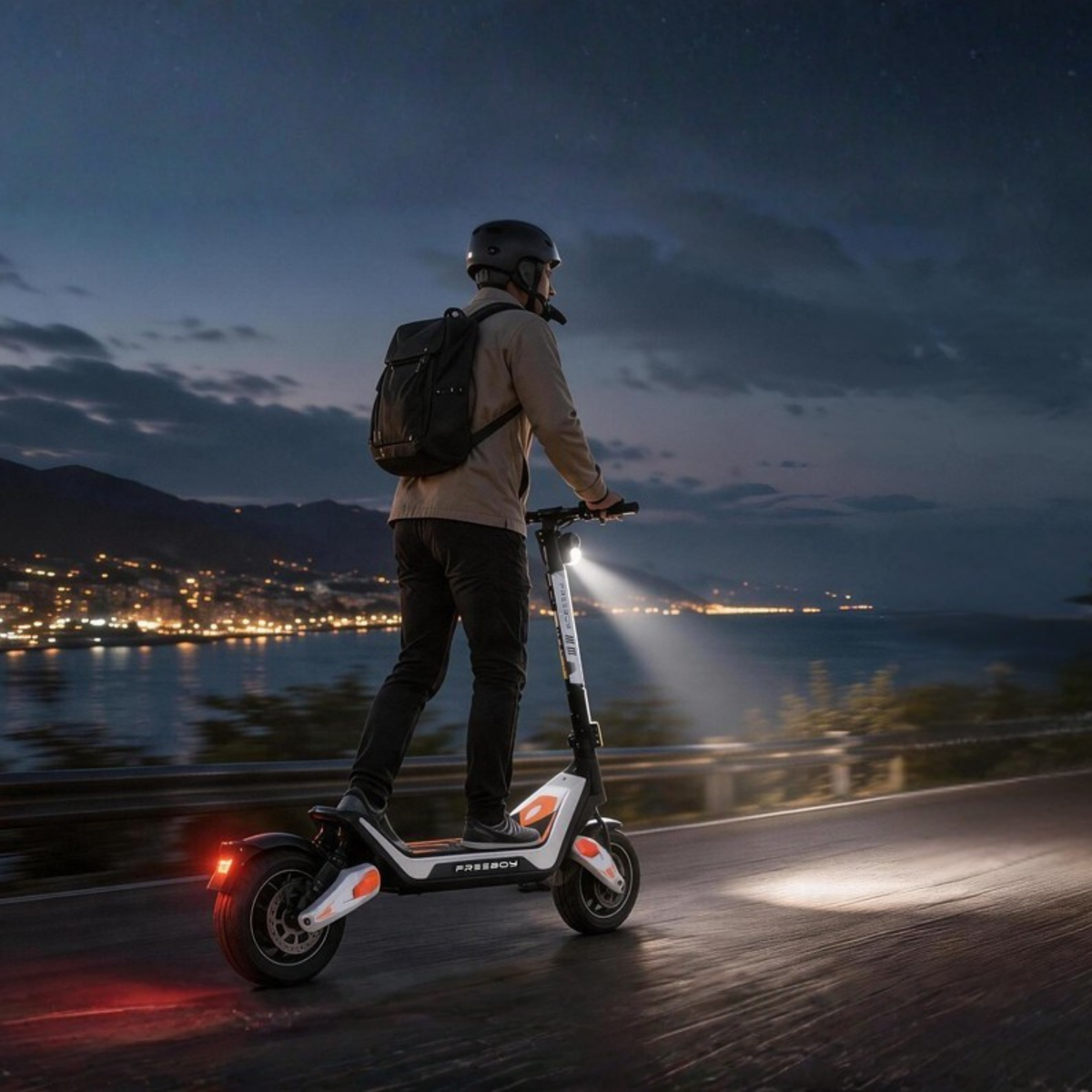 Personne avec casque et sac à dos roulant en Wheely - J18 sur une route côtière au crépuscule, phare allumé