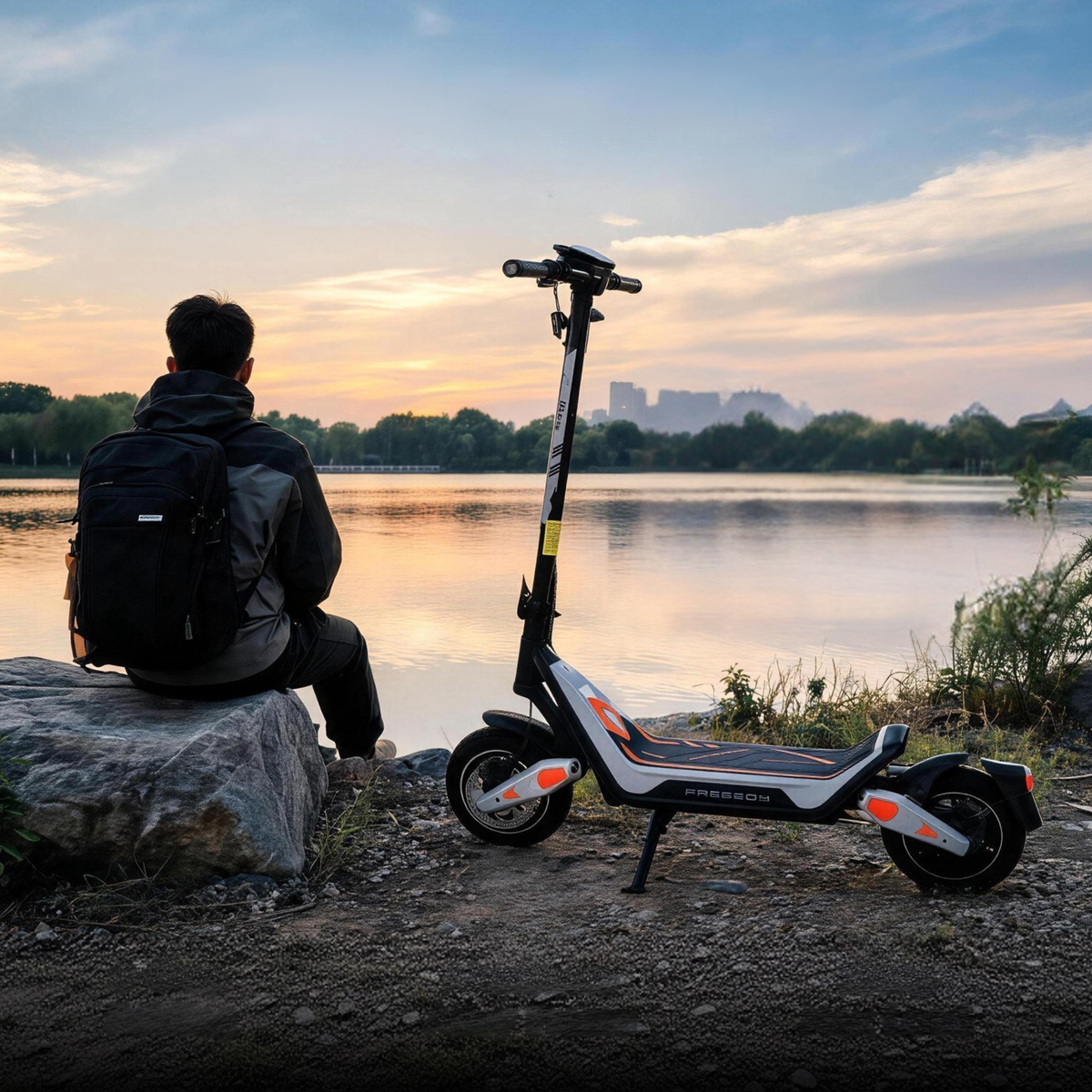 Wheely - J18 sur sa béquille latérale au bord d'un lac au coucher du soleil, une personne avec sac à dos assise sur une pierre à côté