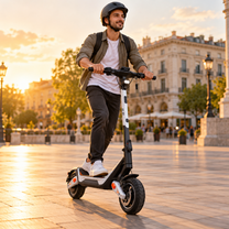 Personne souriante avec casque roulant en Wheely - J18 sur une place pavée au coucher du soleil