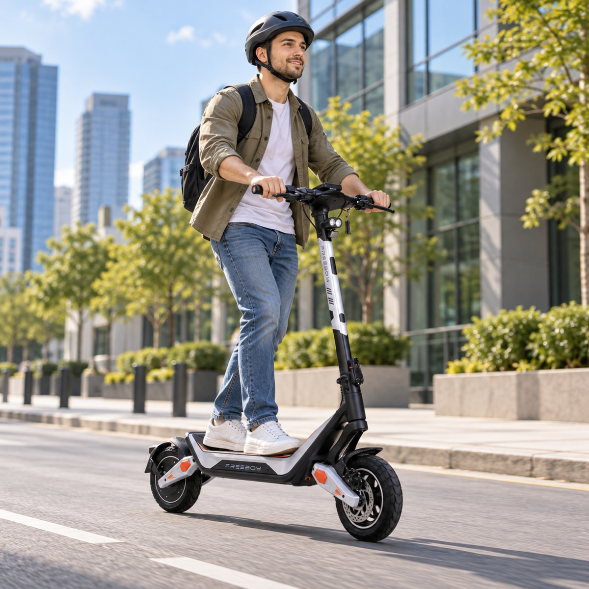 Homme avec casque roulant en Wheely - J18 dans une rue de ville avec bâtiments et arbres