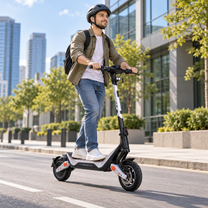 Homme avec casque roulant en Wheely - J18 dans une rue de ville avec bâtiments et arbres