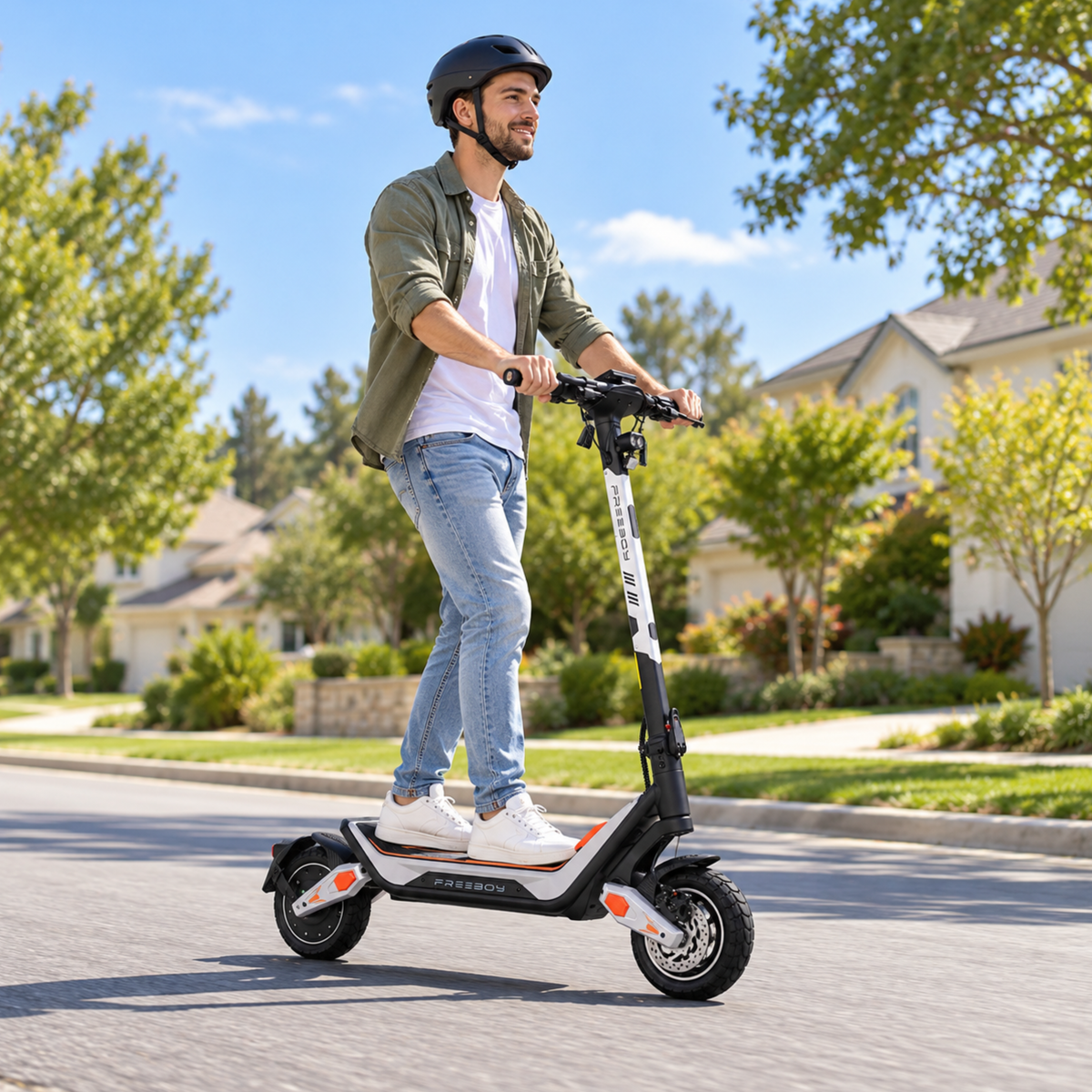 Homme avec casque roulant en Wheely - J18 le long d'une rue résidentielle avec arbres et maisons