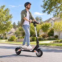 Homme avec casque roulant en Wheely - J18 le long d'une rue résidentielle avec arbres et maisons