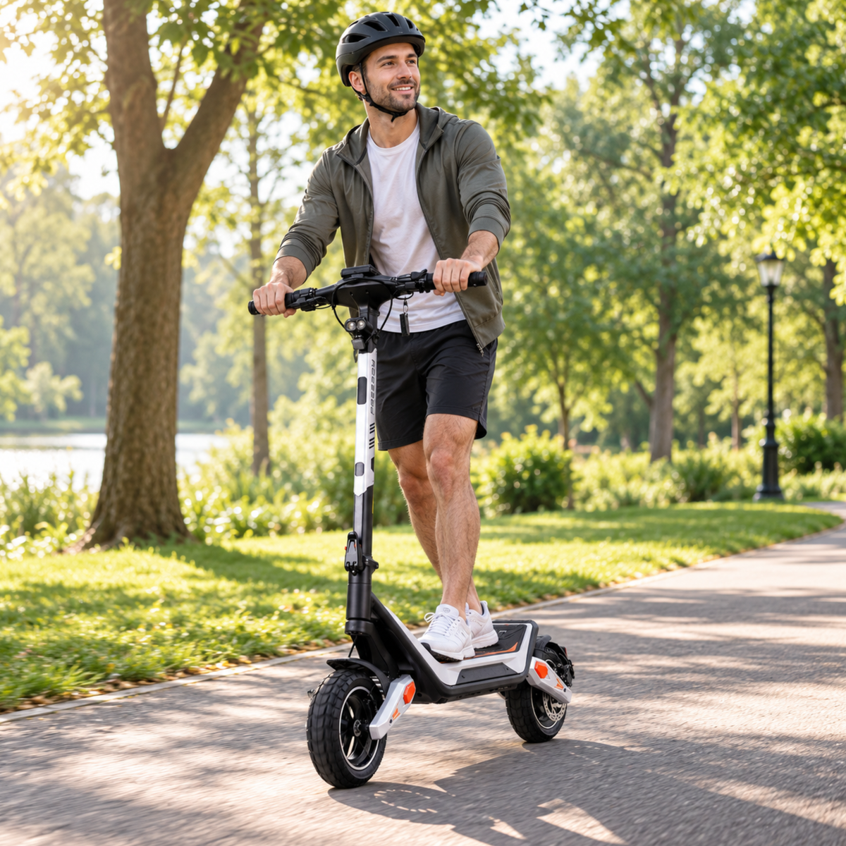 Homme avec casque roulant en Wheely - J18 sur un chemin de parc parmi les arbres et l'herbe