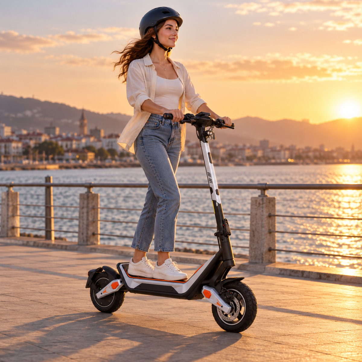 Wheely - J18 trottinette électrique avec conducteur casqué sur un quai au bord de l'eau au coucher du soleil