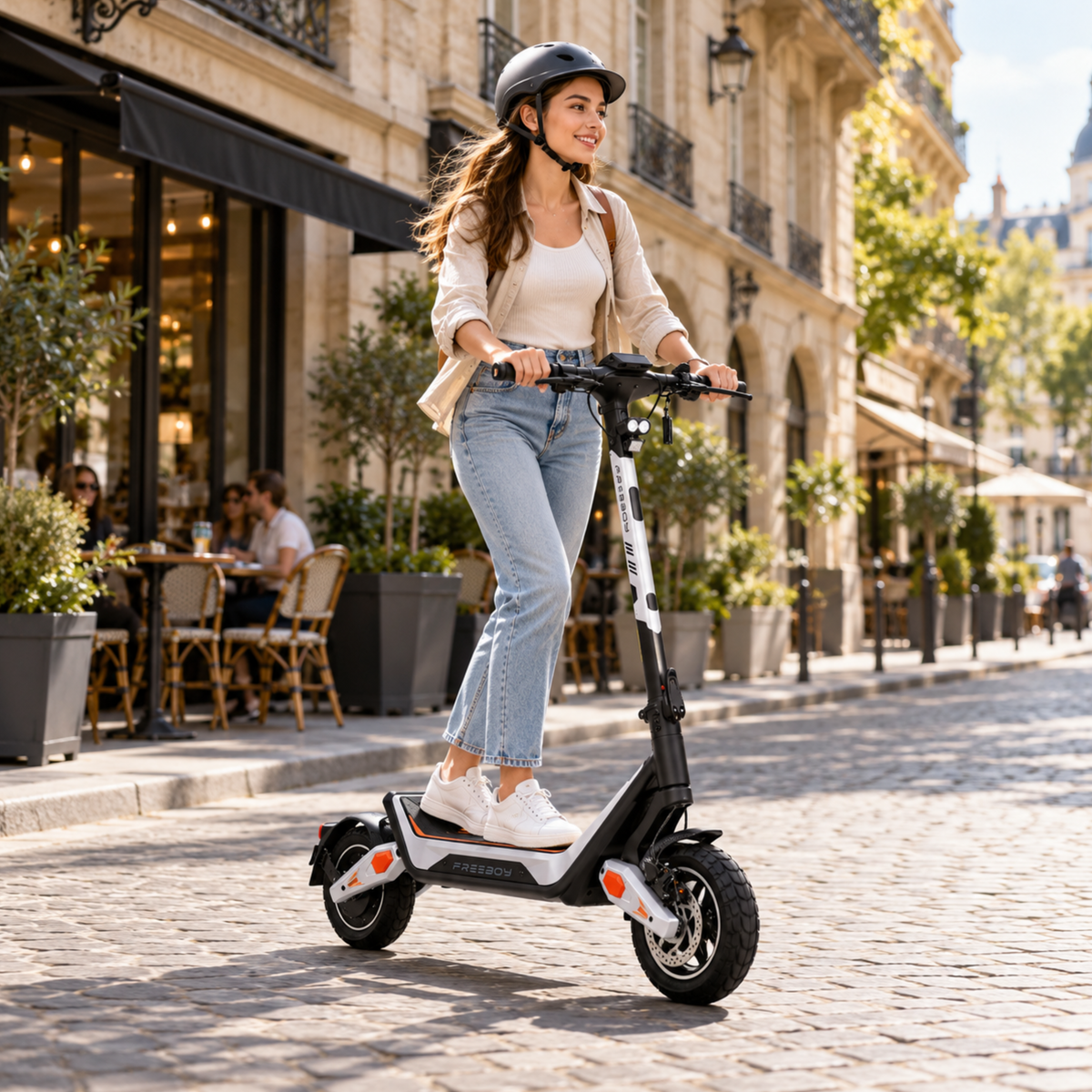 Wheely - J18 trottinette électrique avec conducteur souriant casqué sur une rue pavée près d'un café