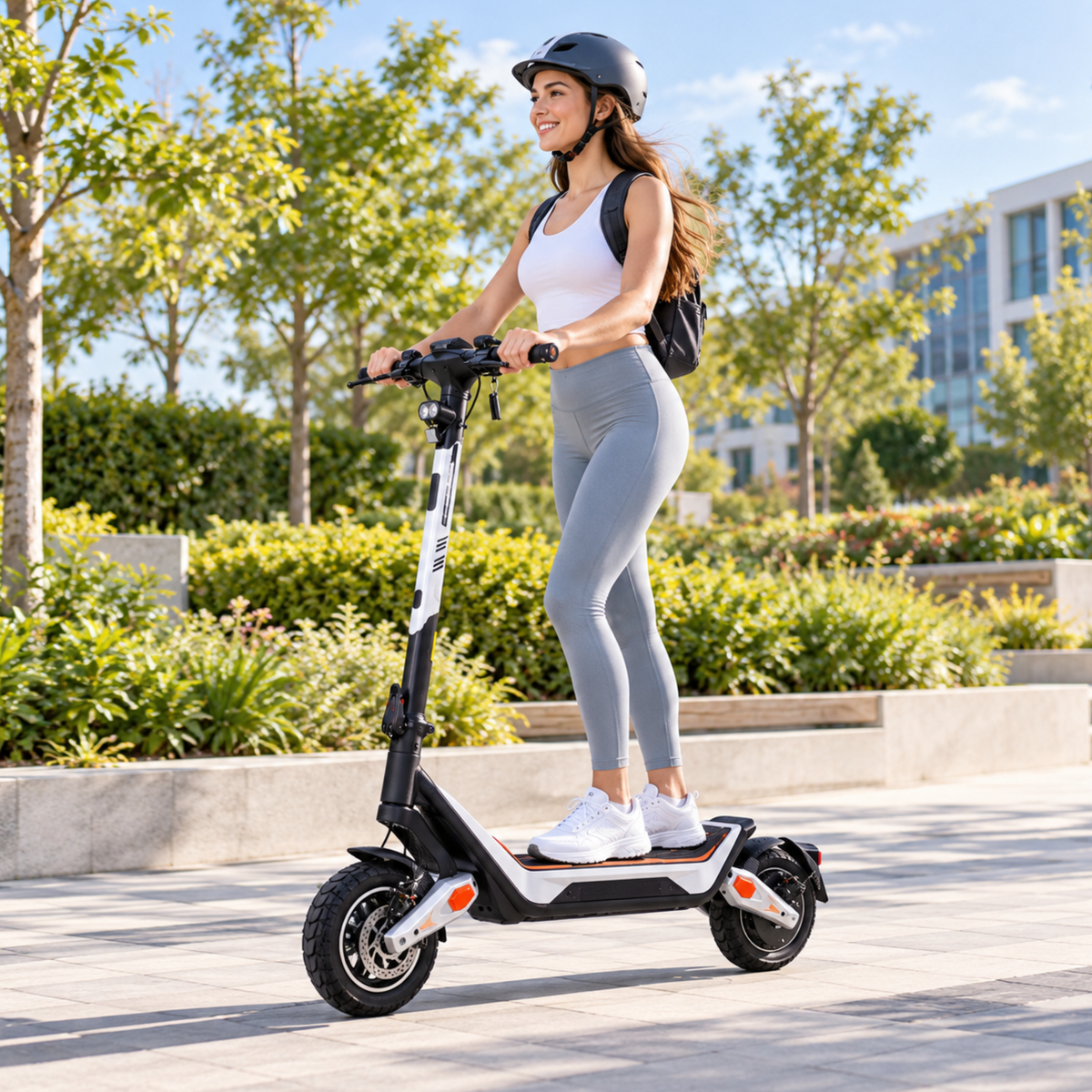 Wheely - J18 trottinette électrique avec conducteur casqué et sac à dos dans un parc urbain verdoyant