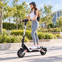 Wheely - J18 trottinette électrique avec conducteur casqué et sac à dos dans un parc urbain verdoyant