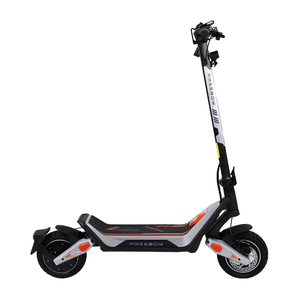 Wheely - J18 trottinette électrique vue de côté avec plateforme, potence et deux roues