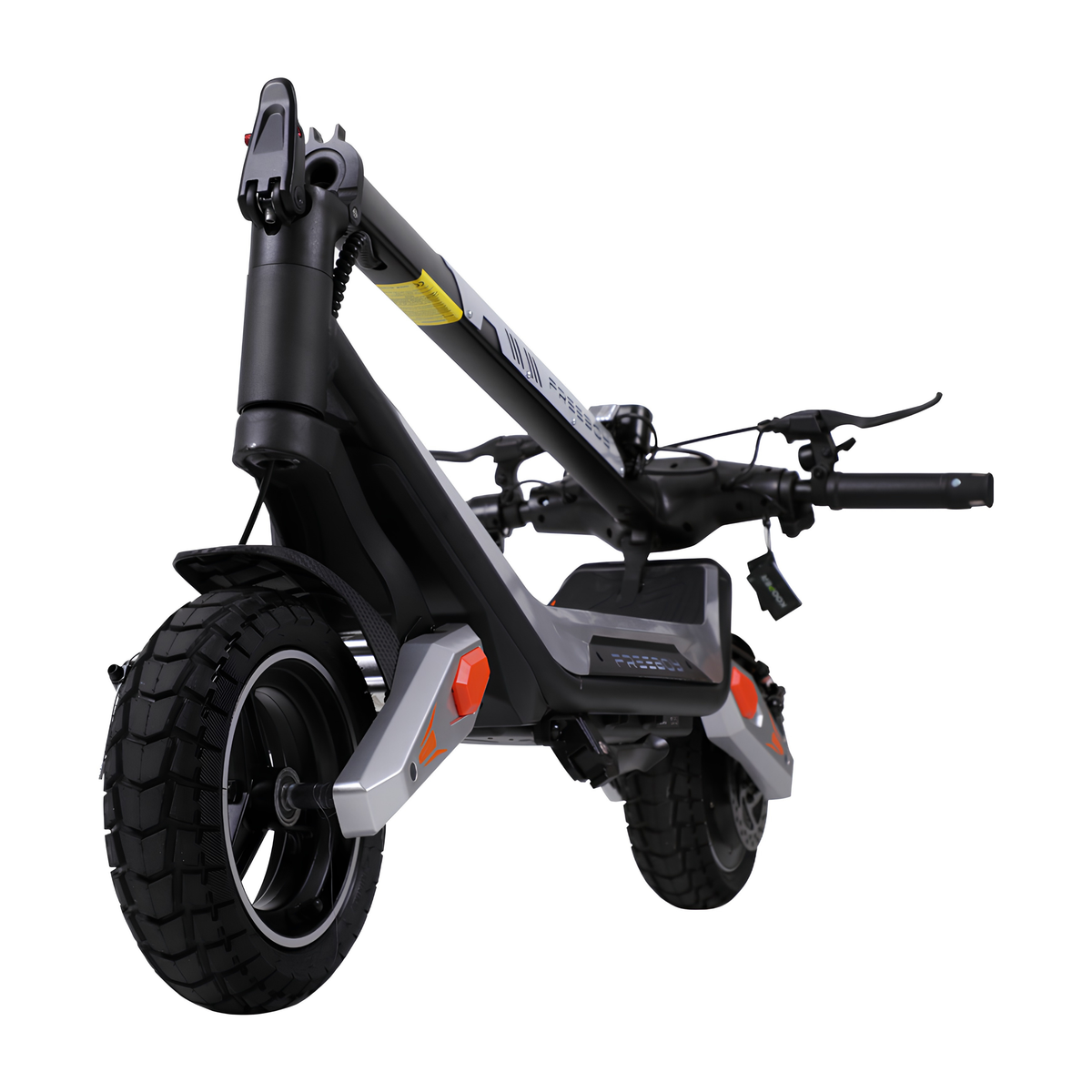 Wheely - J18 avec potence pliée, vue de trois quarts avant avec gros pneus et guidon