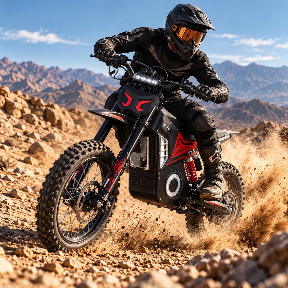 Pilote en tenue noire sur Wheely - Y10 roulant vite sur un sol rocailleux avec poussière soulevée