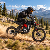 Wheely - Y10 vue de profil avec pilote sur un chemin de gravier, conifères et montagnes à l'arrière-plan