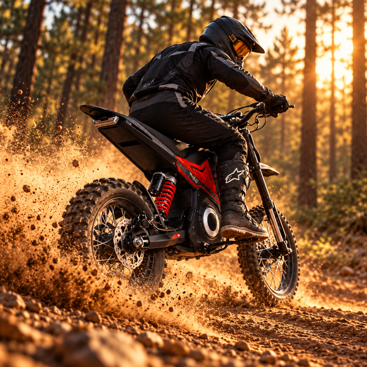 Pilote sur Wheely - Y10 roulant vite sur un sentier forestier avec poussière soulevée au soleil du soir