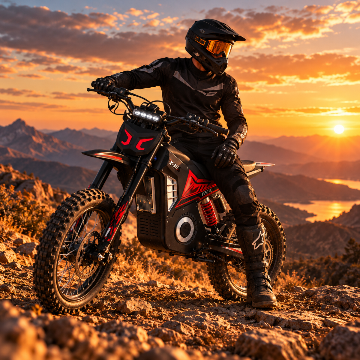 Pilote assis sur Wheely - Y10 sur un sol rocailleux avec coucher de soleil et montagnes à l'arrière-plan