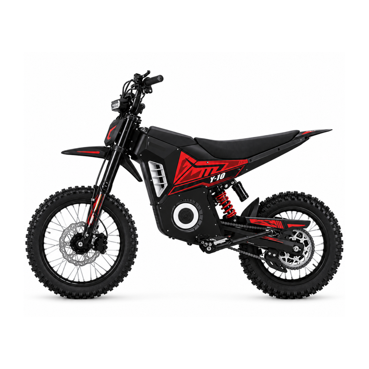 Wheely - Y10 moto électrique vue de profil avec carénage noir et rouge, amortisseur arrière rouge et roues à rayons