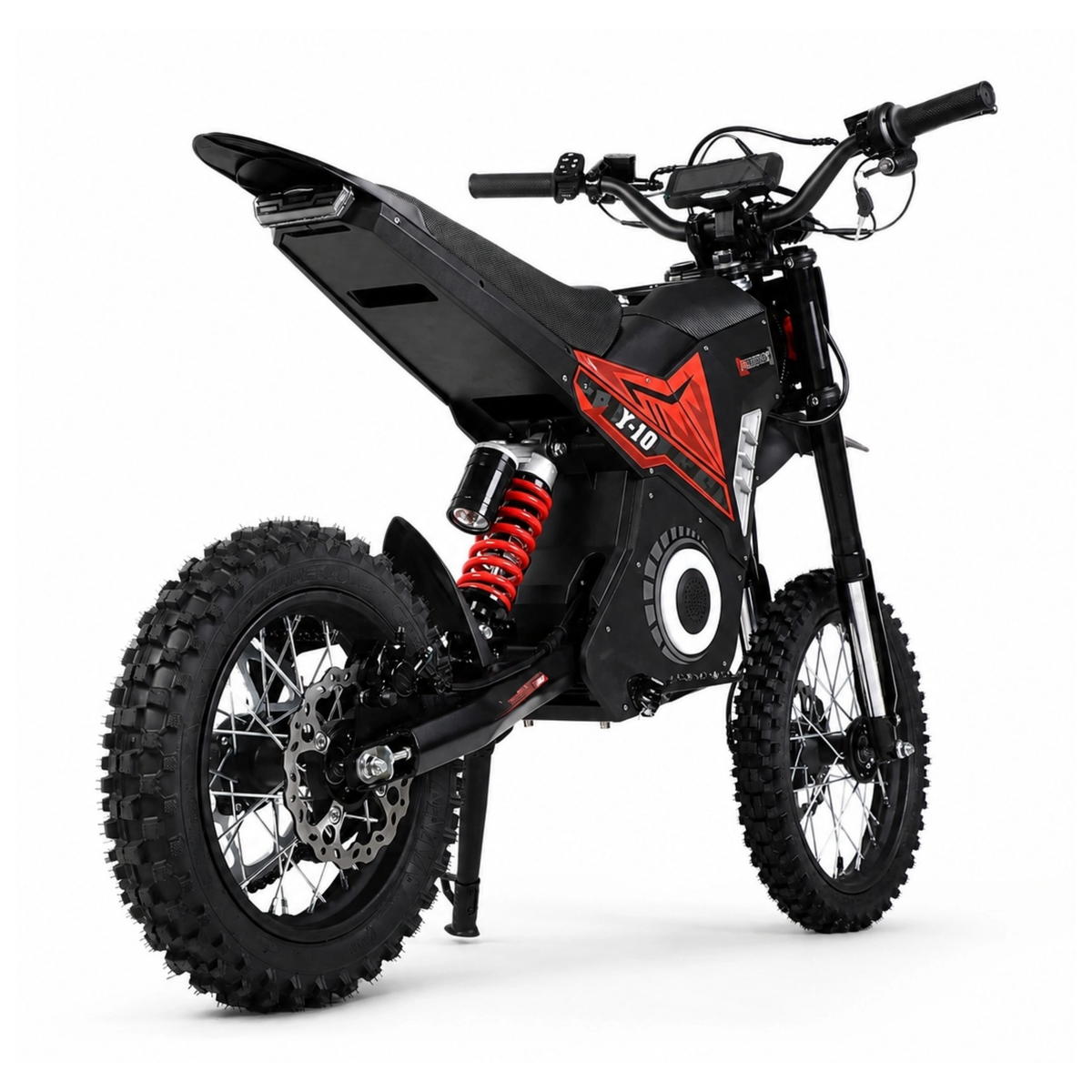 Wheely - Y10 moto électrique vue de trois quarts arrière avec selle, amortisseur rouge et disque de frein arrière