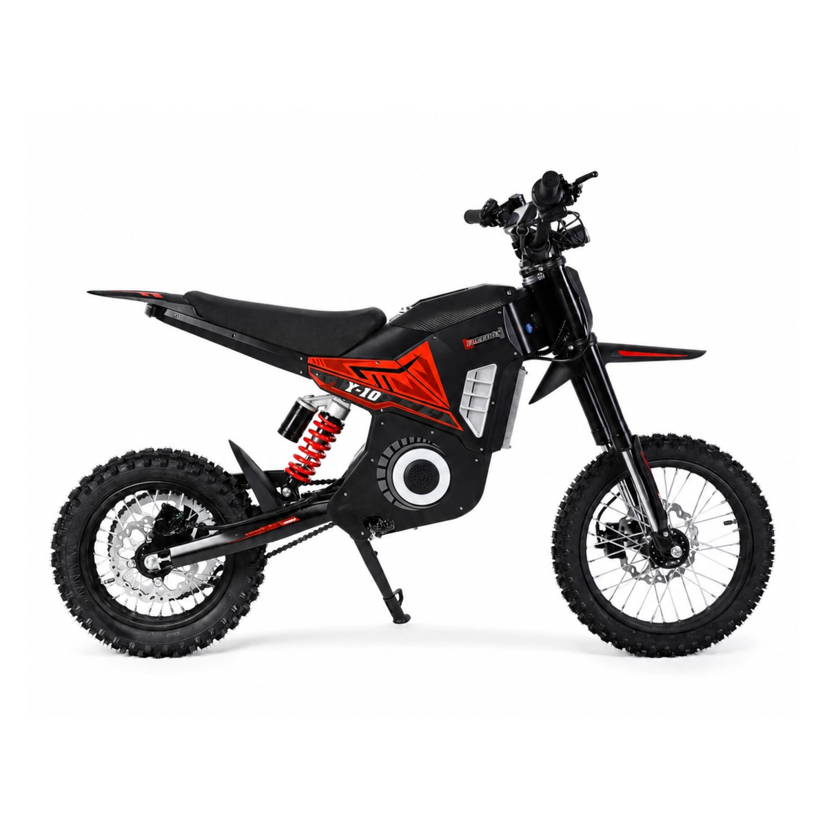Wheely - Y10 vue de côté, moto cross noire et rouge avec pneus tout-terrain et amortisseur arrière rouge