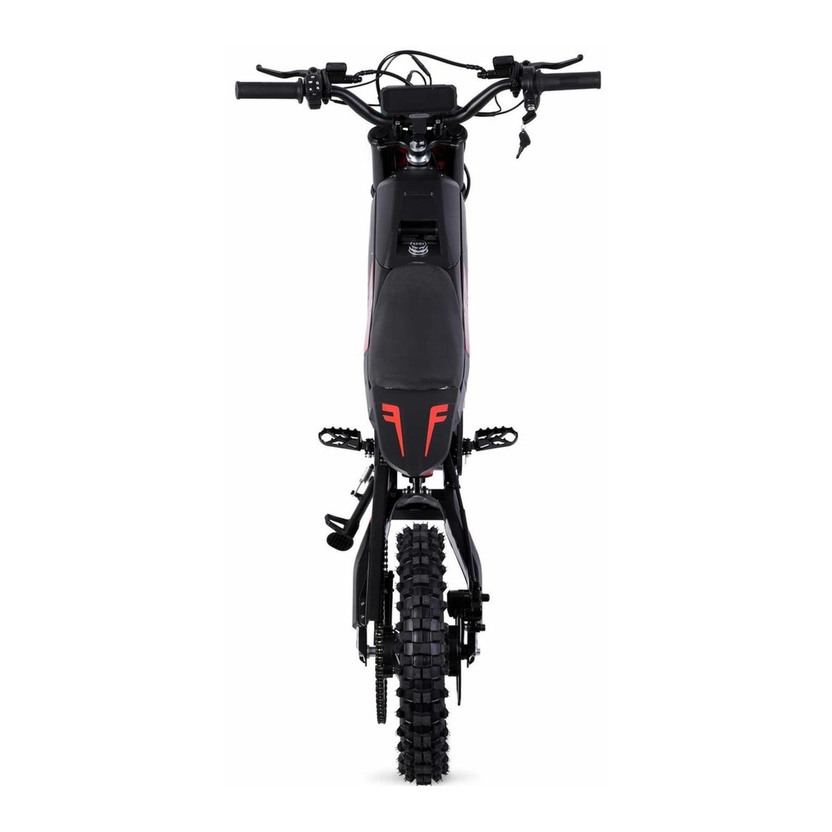 Wheely - Y10 vue de l'arrière avec guidon, écran, selle, repose-pieds, chaîne et pneu arrière à gros crampons