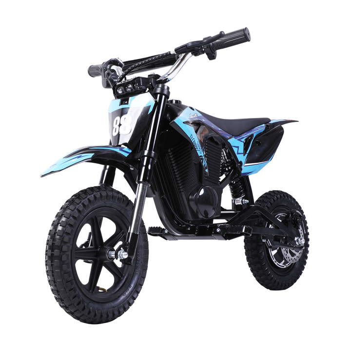 Wheely - Y3 moto électrique bleue et noire, vue de trois quarts avant avec numéro de course 88 et pneus à gros crampons