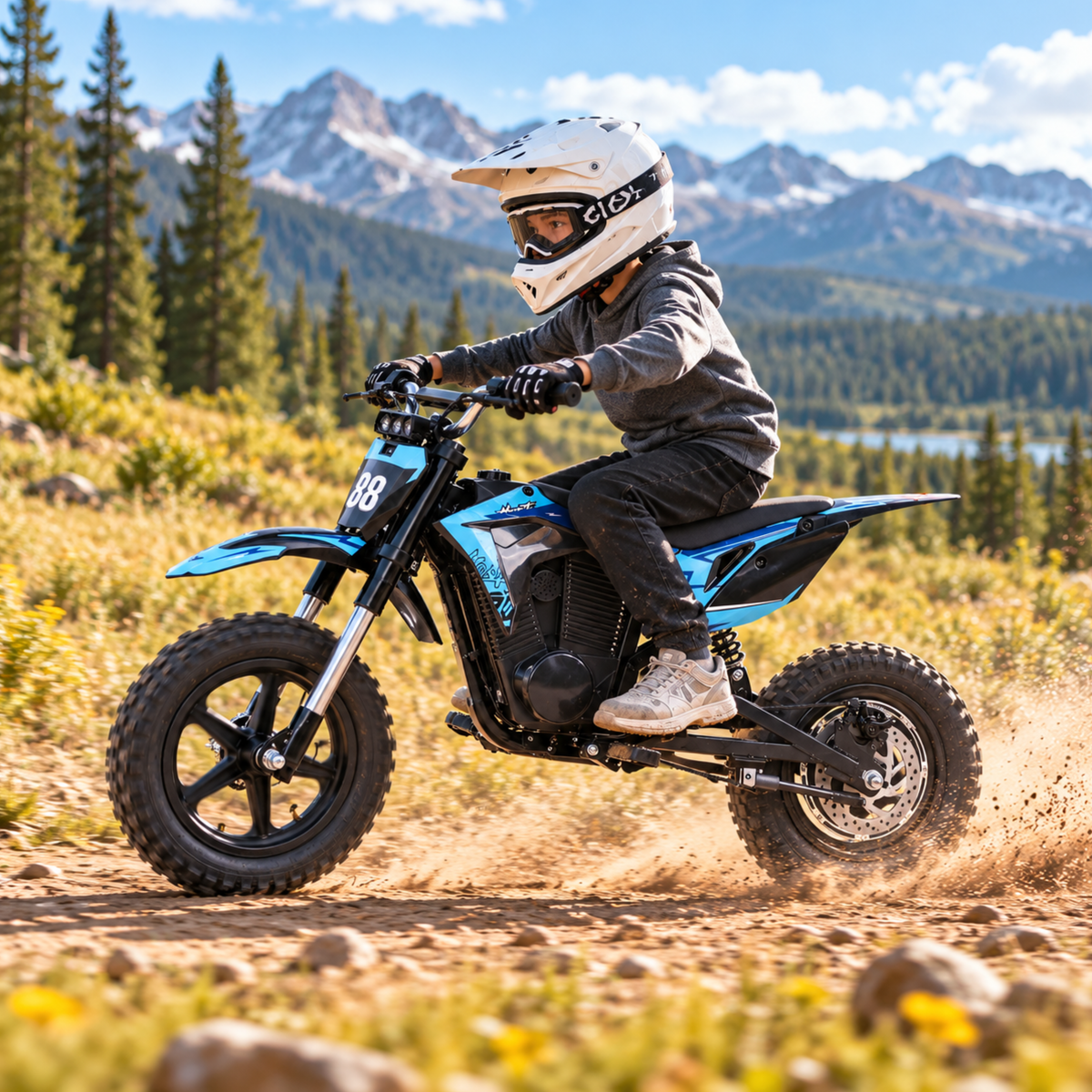 Wheely - Y3 conduite par un enfant casqué sur un chemin de gravier avec montagnes et forêt en arrière-plan