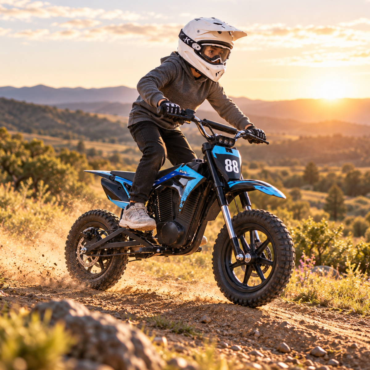 Wheely - Y3 conduite par un enfant casqué sur un sentier au coucher du soleil