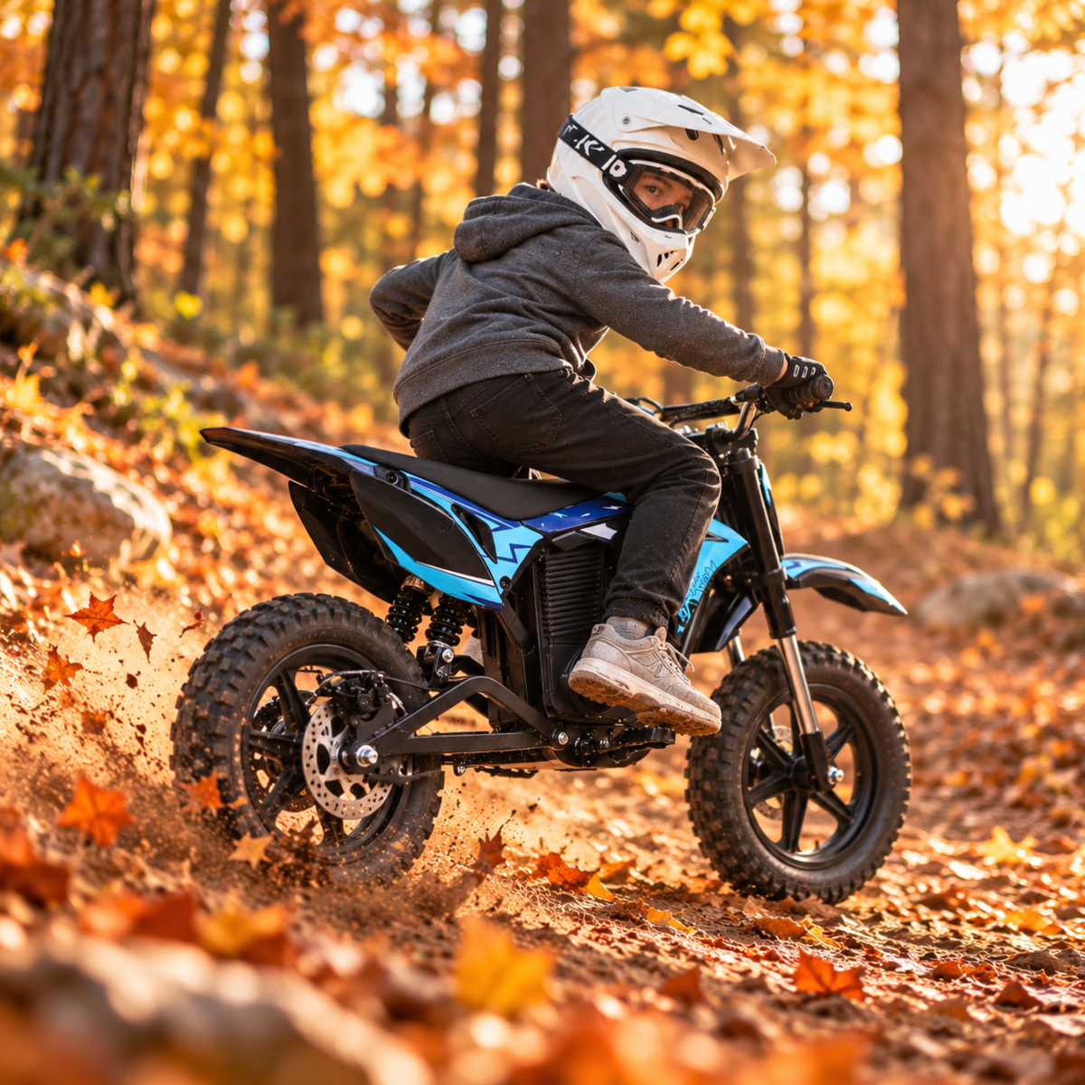 Wheely - Y3 vue de côté avec un pilote sur un sentier forestier parmi les feuilles d'automne
