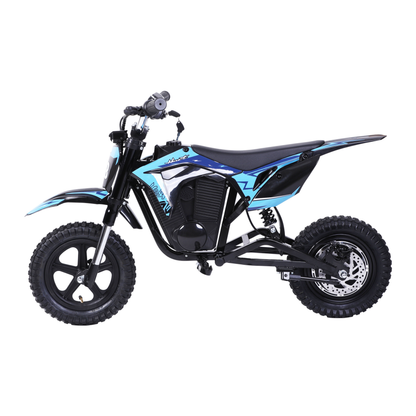 Wheely - Y3 moto électrique vue de côté avec carénages bleus et noirs, selle, amortisseur arrière et disque de frein arrière