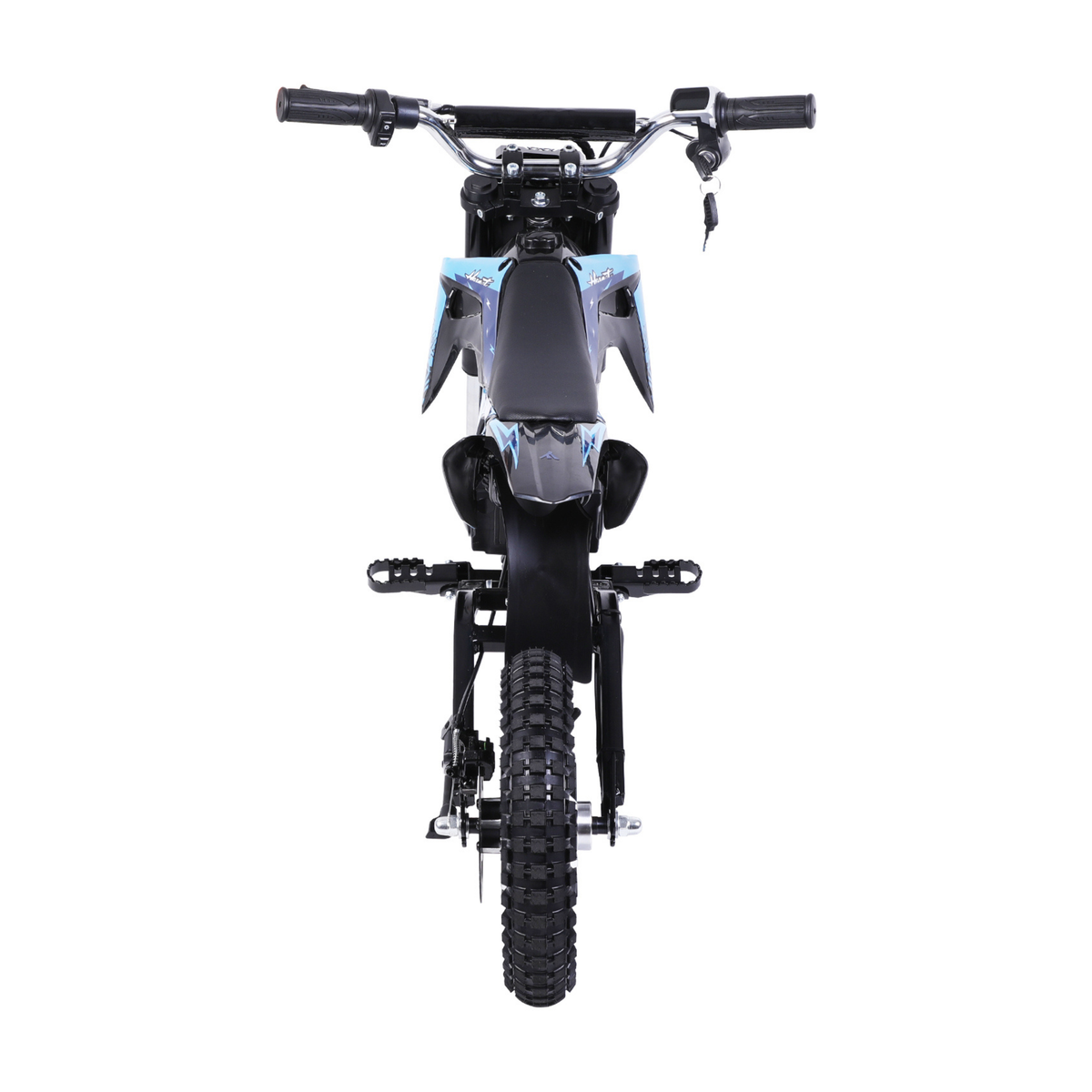 Wheely - Y3 moto électrique vue directement de l'arrière avec guidon, clé, selle, repose-pieds et pneu arrière