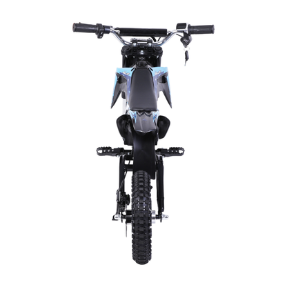 Wheely - Y3 moto électrique vue directement de l'arrière avec guidon, clé, selle, repose-pieds et pneu arrière