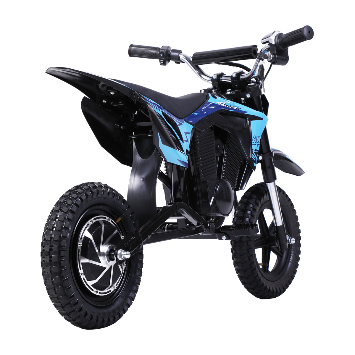 Wheely - Y3 noire et bleue vue de trois quarts avant, avec guidon, selle, repose-pieds et pneus tout-terrain