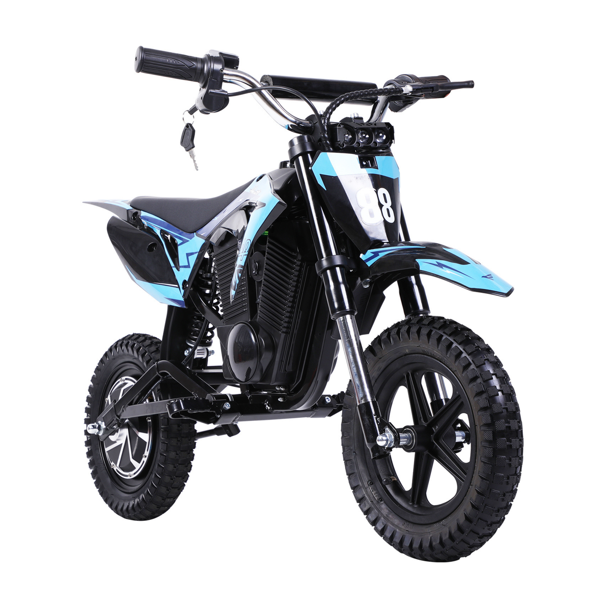 Wheely - Y3 moto électrique noire et bleue, vue de trois quarts avant, avec numéro de course 88