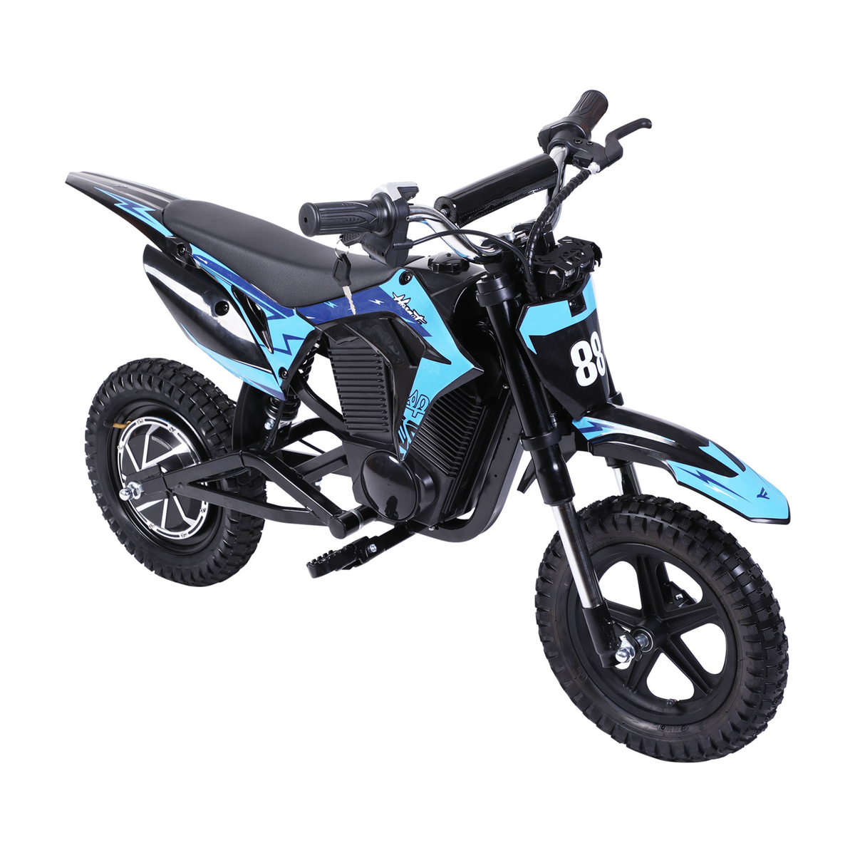 Wheely - Y3 moto électrique noire et bleue, vue de trois quarts avant gauche, avec selle, guidon et pneus tout-terrain