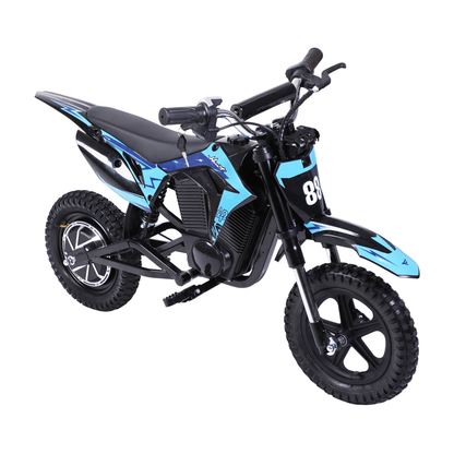 Wheely - Y3 moto électrique noire et bleue, vue de trois quarts avant gauche, avec selle, guidon et pneus tout-terrain