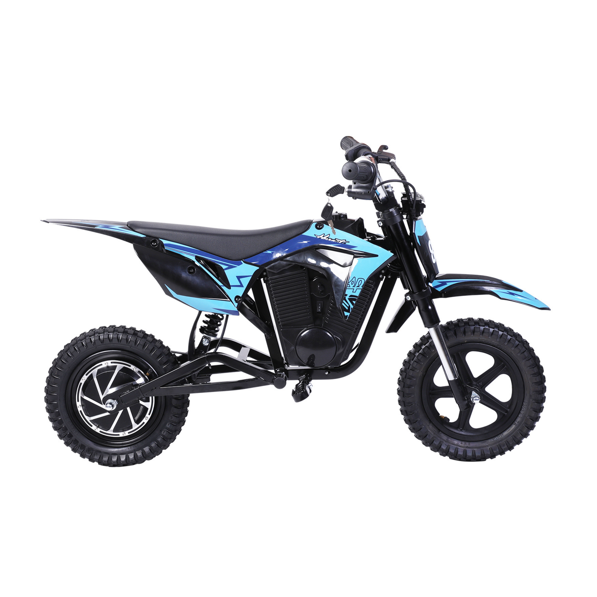 Wheely - Y3 moto électrique noire et bleue, vue de côté avec selle, cadre et pneus à gros crampons