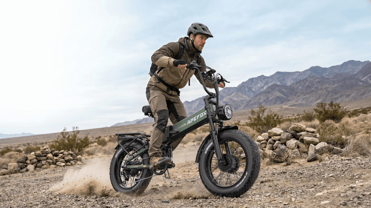 Personne roulant sur le vélo électrique pliant fat bike APEFOX RH20 sur une pelouse